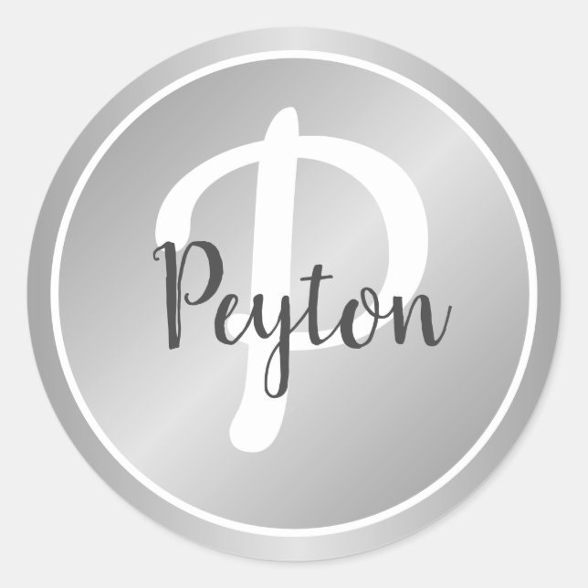 Simple Elegant Silver Gray Grey Monogrammed Name Classic Round Sticker (Front)