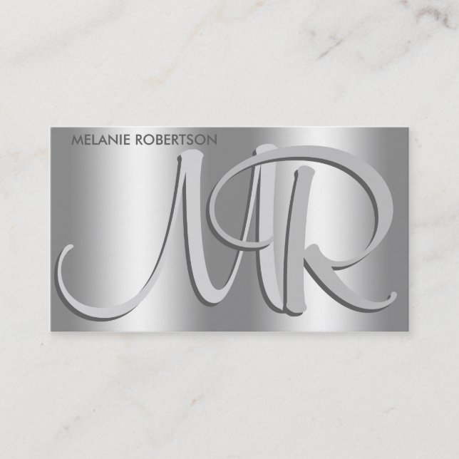 Simple Elegant Silver on Silver Script Monogram Business Card (Front)