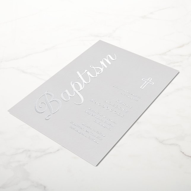 Simple Elegant Silver Script Soft Gray Baptism Foil Invitation (Rotated)