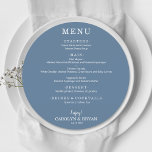 Simple Elegant Slate Blue Round Wedding Dinner Menu<br><div class="desc">A round dinner menu card on slate blue (or any color) and chic lettering in white displays your menu choices. Perfect for a modern wedding reception, wedding rehearsal dinner, anniversary party or any special event with a sit down dinner. Choose ANY COLOR BACKGROUND, any COLOR TEXT, any FONT! Easily personalize...</div>