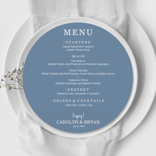Simple Elegant Slate Blue Round Wedding Dinner Menu