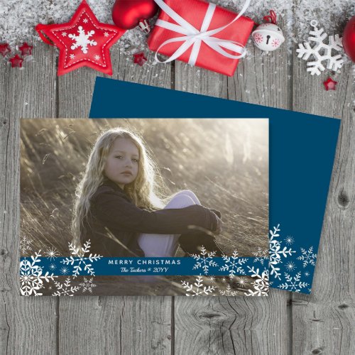 Simple Elegant Snowflakes Blue Photo Christmas Holiday Card