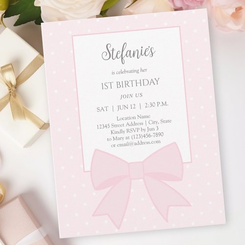 Simple Elegant Soft Pastel Pink Bow 1st Birthday Invitation