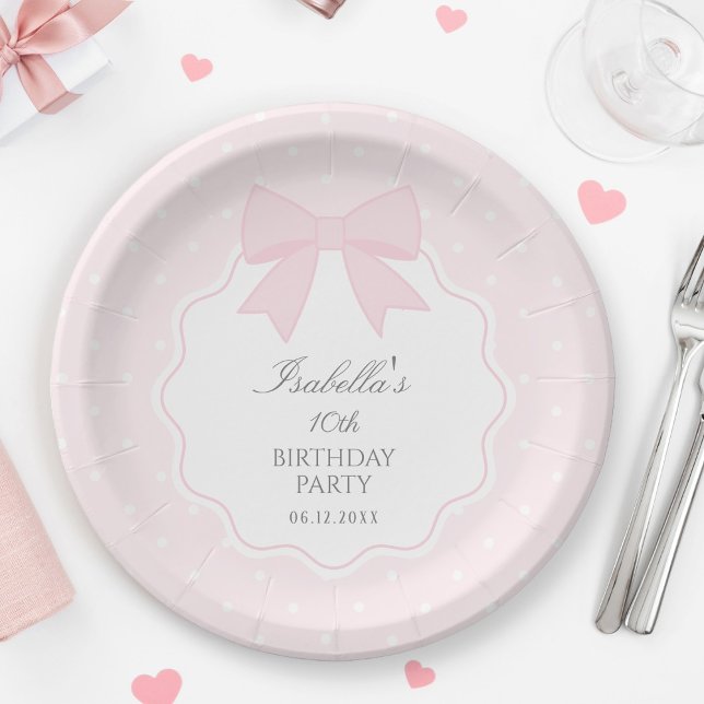 Simple Elegant Soft Pastel Pink Bow Girl Birthday Paper Plates (Creator Uploaded)