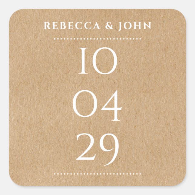 Simple Elegant Special Date Wedding | Rustic Kraft Square Sticker (Front)