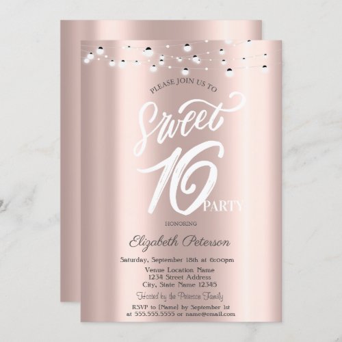 Simple Elegant String Lights Rose Gold Sweet 16 Invitation