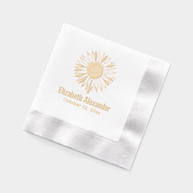 Simple Elegant Sunflower Bloom #2A Name Date Foil Napkins (Left)