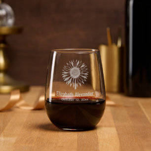 Simple Elegant Sunflower Bloom #2A Name Date Stemless Wine Glass