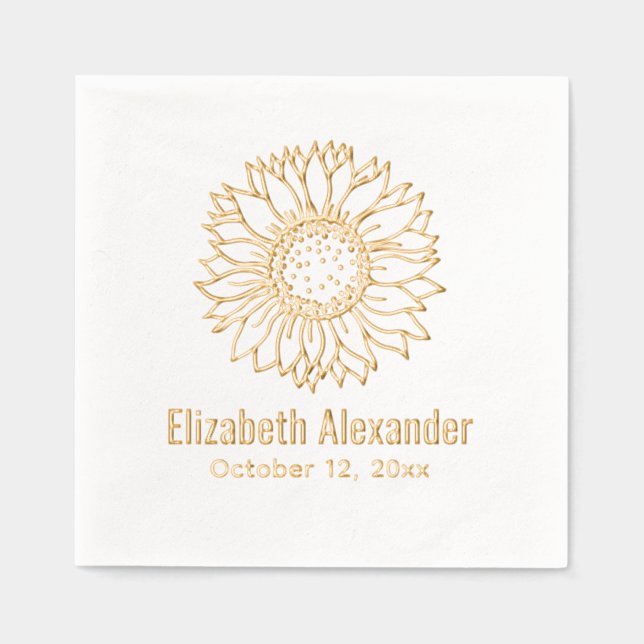 Simple Elegant Sunflower Bloom #4 Name Date Foil Napkins (Front)