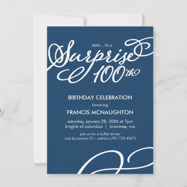 Simple, Elegant Surprise 100th Birthday Invitation (Front)