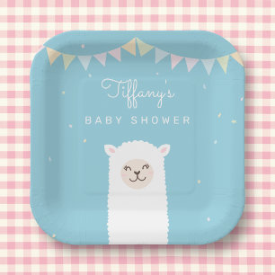 Simple Elegant Sweet Alpaca Llama Boy Baby Shower Paper Plates