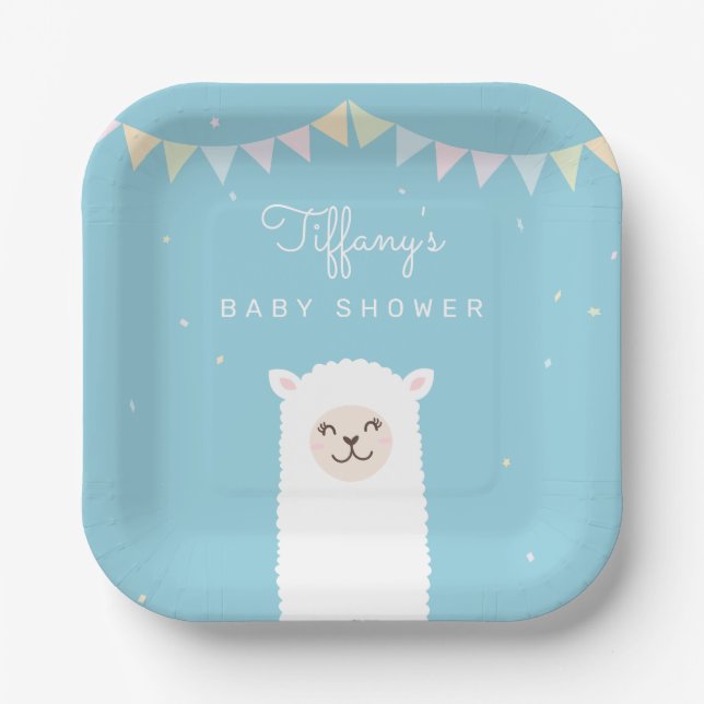 Simple Elegant Sweet Alpaca Llama Boy Baby Shower Paper Plates (Front)