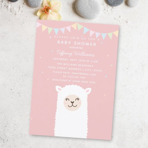 Simple Elegant Sweet Alpaca Llama Girl Baby Shower Invitation