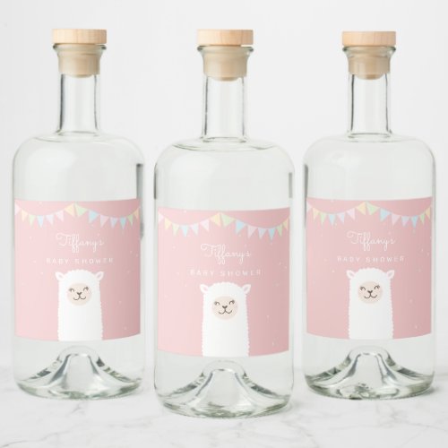 Simple Elegant Sweet Alpaca Llama Girl Baby Shower Liquor Bottle Label
