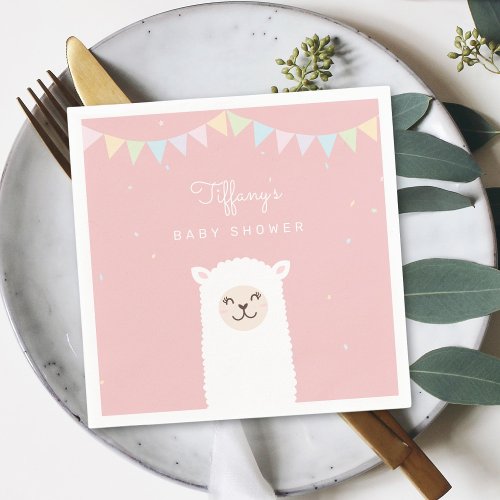 Simple Elegant Sweet Alpaca Llama Girl Baby Shower Napkins