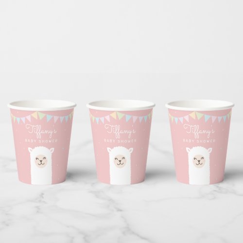 Simple Elegant Sweet Alpaca Llama Girl Baby Shower Paper Cups