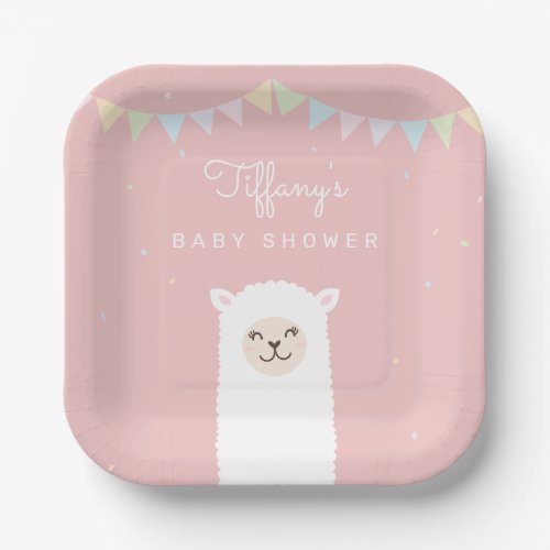 Simple Elegant Sweet Alpaca Llama Girl Baby Shower Paper Plates
