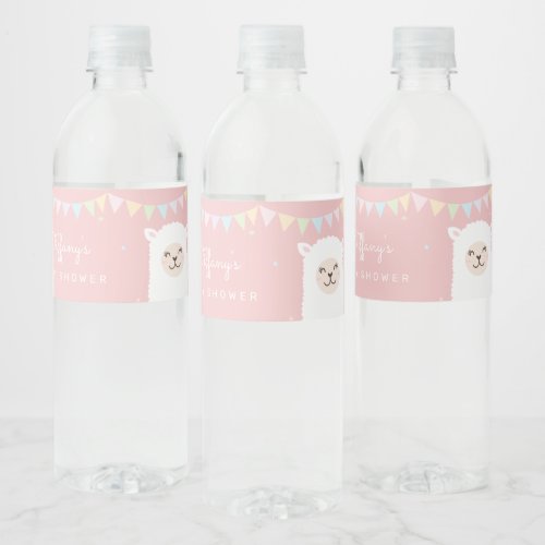 Simple Elegant Sweet Alpaca Llama Girl Baby Shower Water Bottle Label