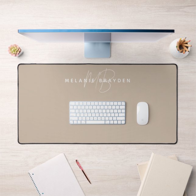Simple Elegant Taupe Minimalist Two Monogram Desk Mat (Office 1)