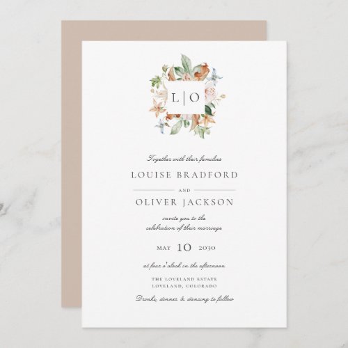 Simple Elegant Taupe Watercolor Monogram Wedding Invitation