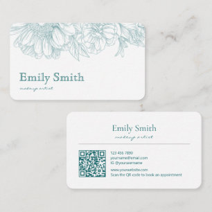 Simple Elegant Teal Blue Floral Line Art QRCode Business Card