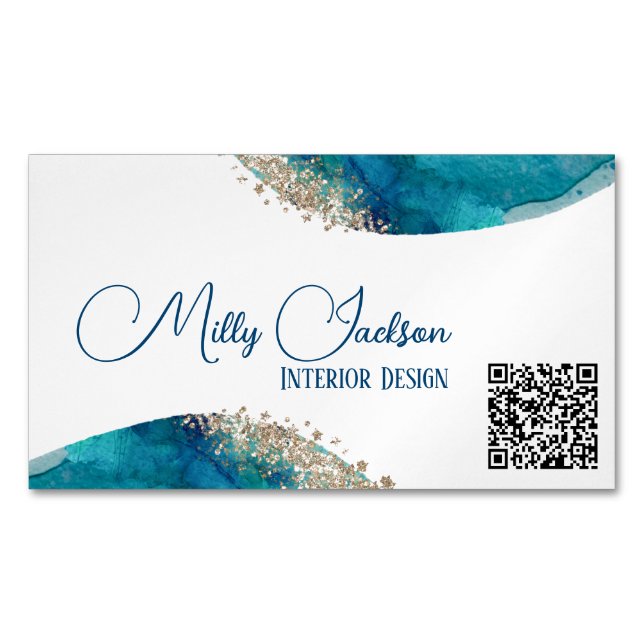 Simple Elegant Teal Gold Watercolour Custom  Business Card Magnet (Front)