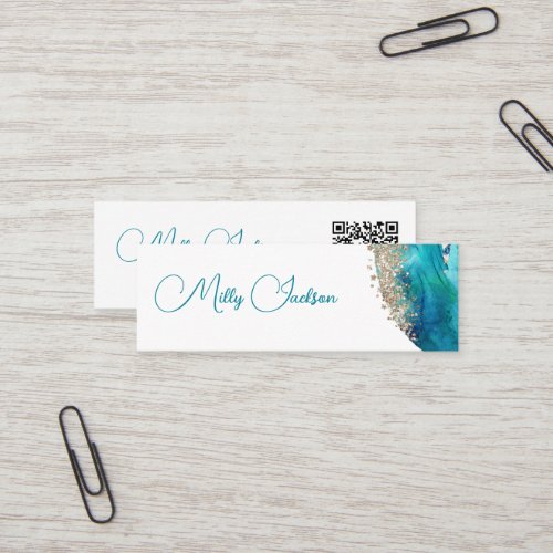 Simple Elegant Teal Gold Watercolour Custom QR  Mini Business Card