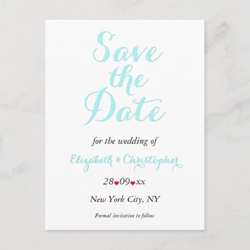 Simple Elegant Teal White Wedding Save the Date Postcard