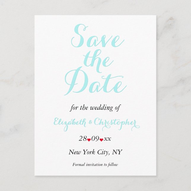Simple Elegant Teal White Wedding Save the Date Postcard (Front)