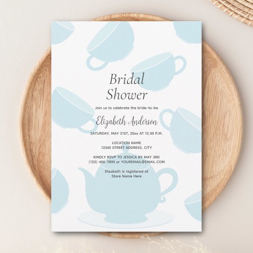 Simple Elegant Teapot Cup Dusty Blue Bridal Shower Invitation