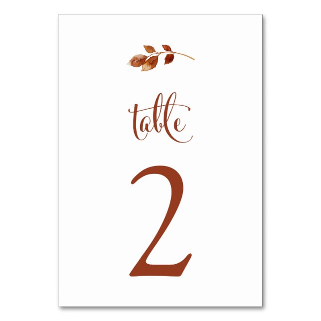 Simple Elegant Terracotta Fall Leaves Boho Wedding Table Number (Front)