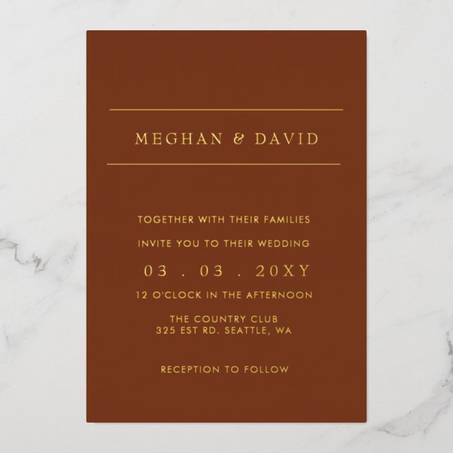Simple Elegant Terracotta Gold Wedding  Foil Invitation (Front)