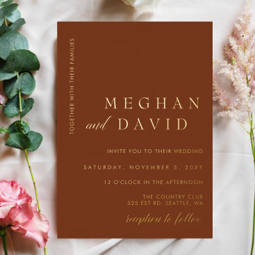 Simple Elegant Terracotta Gold Wedding  Foil Invitation