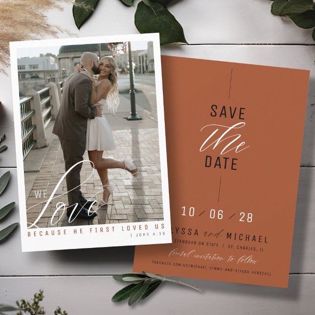 Simple Elegant Terracotta Photo Christian Wedding Save The Date (Love scripture elegant photo simple terracotta burnt orange modern Christian wedding save the date)