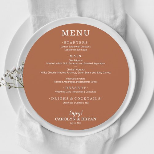Simple Elegant Terracotta Round Wedding Dinner Menu