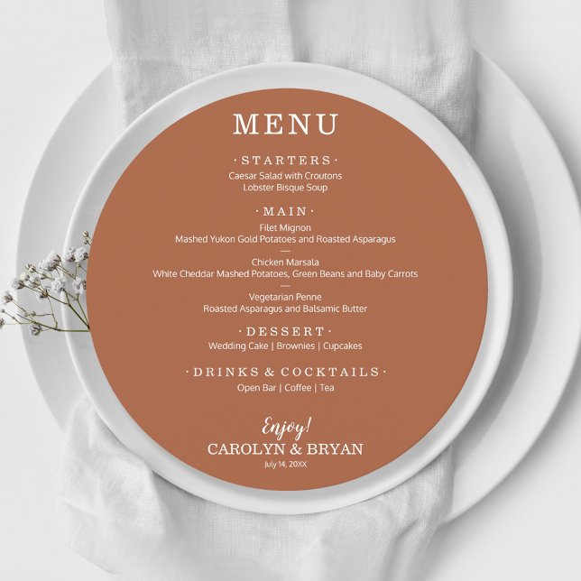 Simple Elegant Terracotta Round Wedding Dinner Menu (Creator Uploaded)