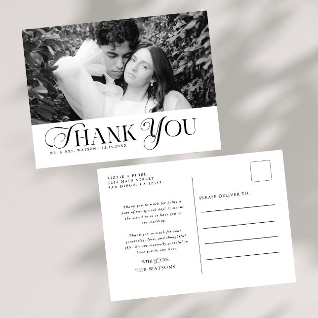 Simple Elegant Text and Photo Wedding Thank You Postcard (Creator Uploaded)