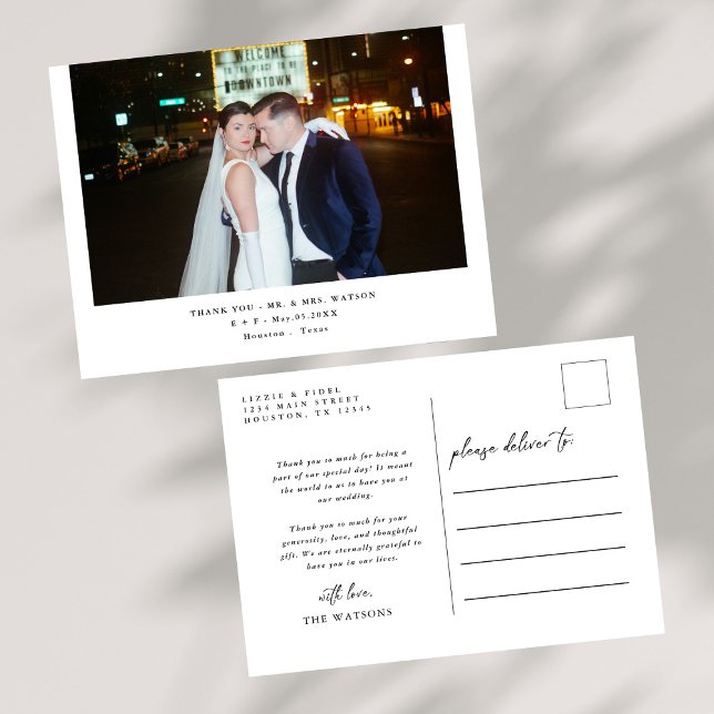 Simple Elegant Text and Photo Wedding Thank You Postcard (Creator Uploaded)