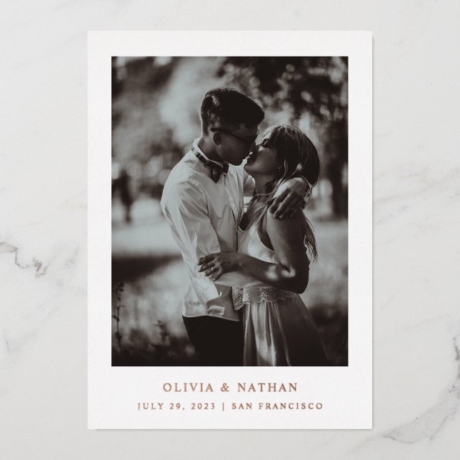Simple Elegant Text Photo Save The Date Rose Gold Foil Invitation (Front)
