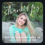 Simple Elegant Thank You Photo Graduation Square Sticker<br><div class="desc">Simple graduation sticker with "Thank You" in a handwritten script at the top along with "For Celebrating With Us" and the grad's name and class year over your favorite photo. The chic hand lettering adds an elegant touch to this modern and minimalist design. These graduation stickers are a perfect for...</div>