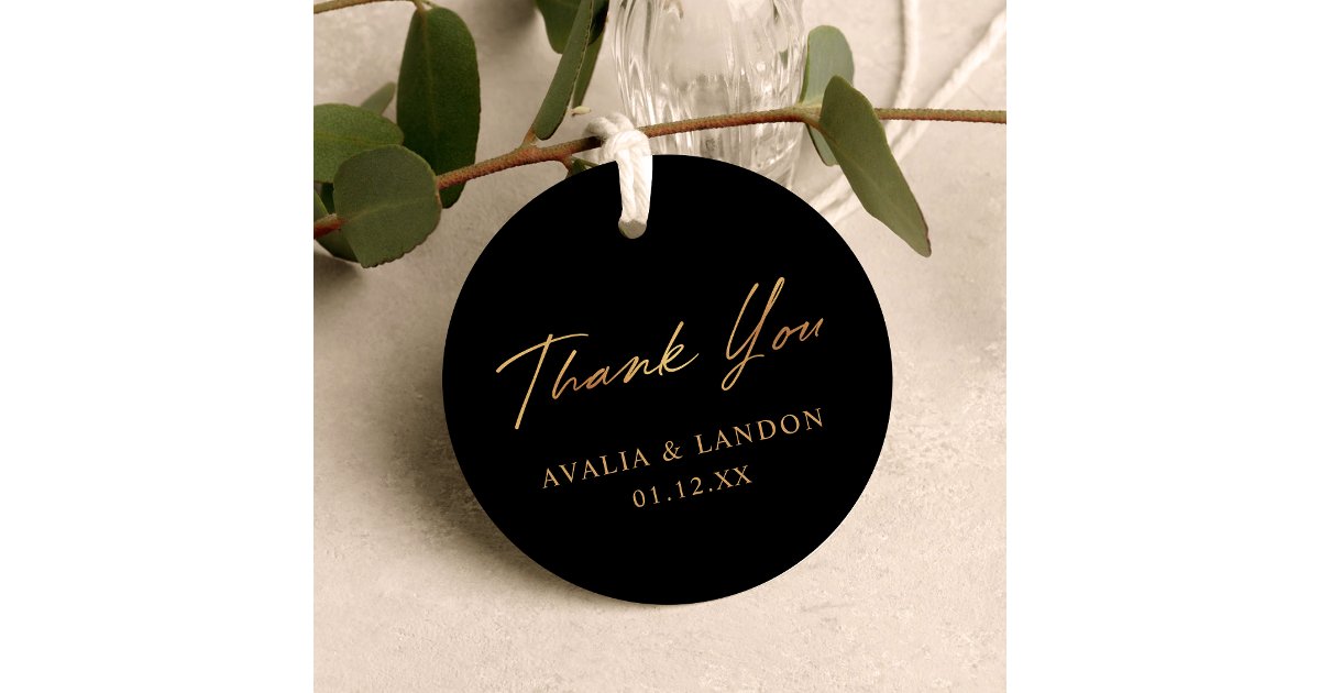 Simple Elegant Thank You Wedding Black Gold Favor Tags | Zazzle