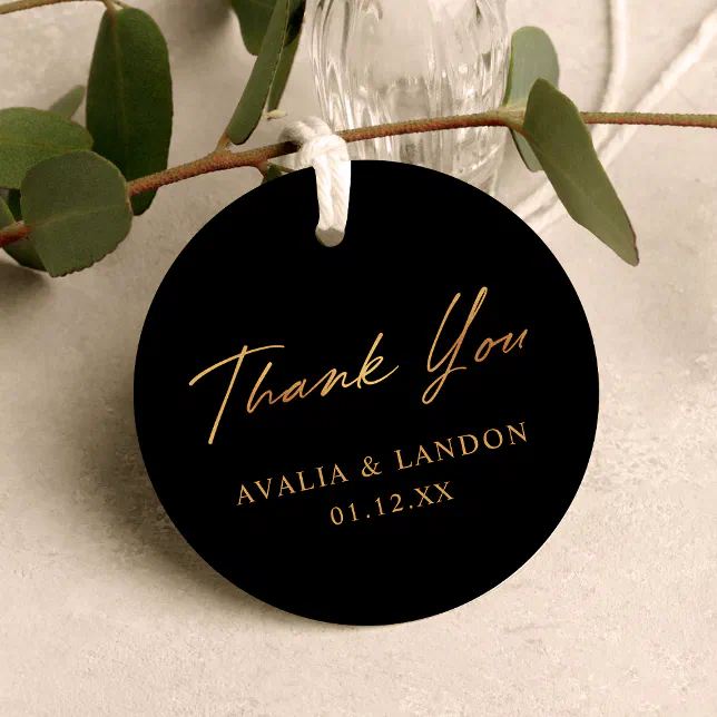 Simple Elegant Thank You Wedding Black Gold Favor Tags | Zazzle