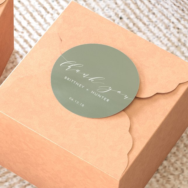 Simple Elegant Thank You Wedding Sage Green Classic Round Sticker (Creator Uploaded)