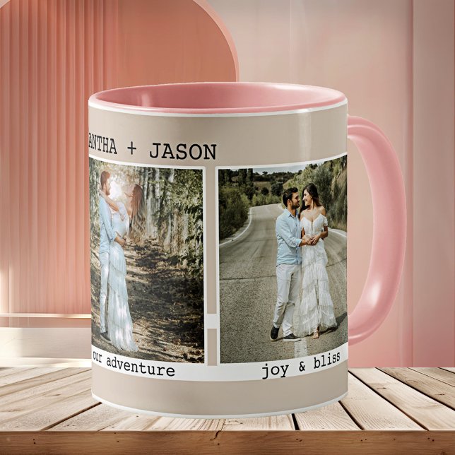 Simple Elegant Timeline Wedding Photo Coffee Mug (Bridal mug featuring your photos framed by an elegant minimalist design in white and tan)
