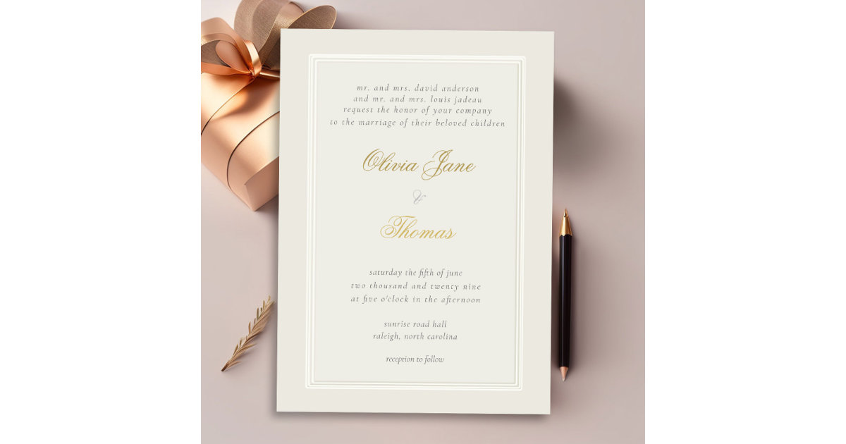 Simple Elegant Traditional Frame Gold Ecru Wedding Invitation | Zazzle