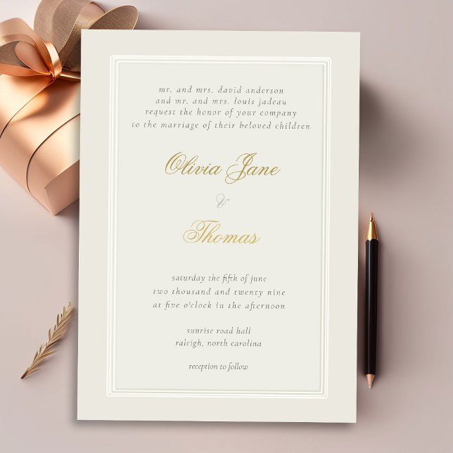 Simple Elegant Traditional Frame Gold Ecru Wedding Invitation (Creator Uploaded)