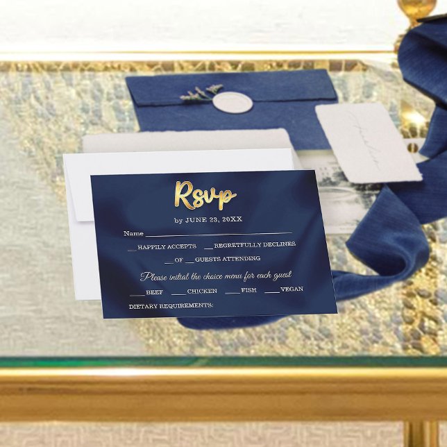 Simple Elegant Trendy Navy Blue & Gold Wedding  RSVP Card (Creator Uploaded)