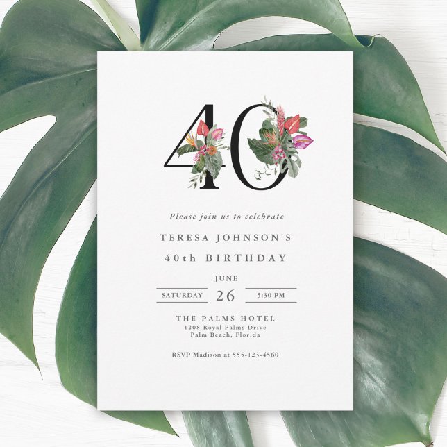 Simple Elegant Tropical 40th Birthday Invitation (Available as both printed and instant download digital formats.)
