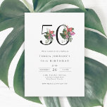 Simple Elegant Tropical 50th Birthday Invitation<br><div class="desc">This 50th birthday invitation features a clean, sophisticated minimal design with a touch of elegance. The number "50" is prominently displayed in large, graceful serif font embellished with vibrant tropical flowers and lush foliage to add a burst of color and painted details. Palm fronds, hibiscus, fig blossoms, anthuriums, bird of...</div>