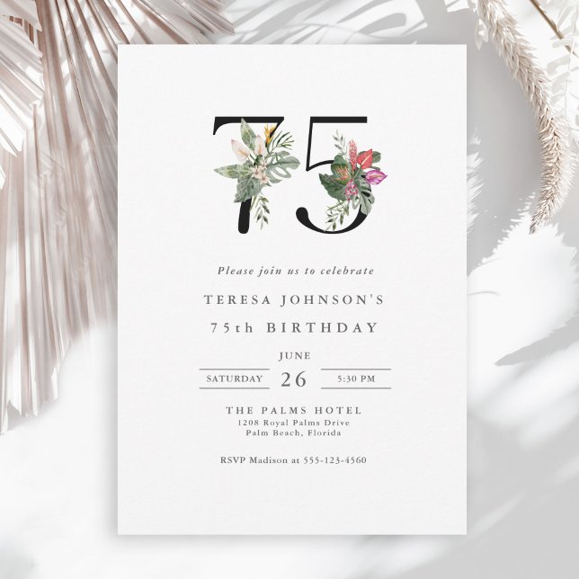 Simple Elegant Tropical 75th Birthday Invitation (Available in both printed and instant download digital formats.)